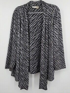 Chicos 3 Open Front Cardigan XL Gray Animal Print Long Sleeve Knit Metallic